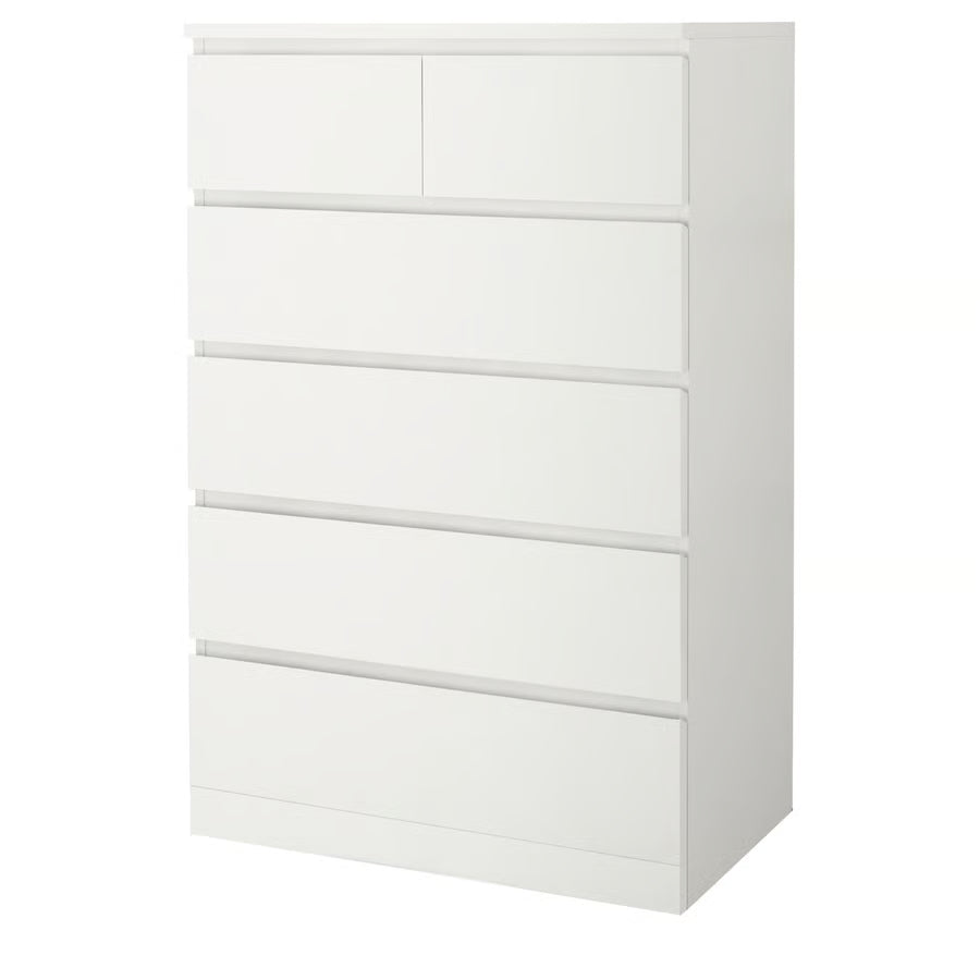 White dresser front with two upper cabinet doors and four horizontal drawers