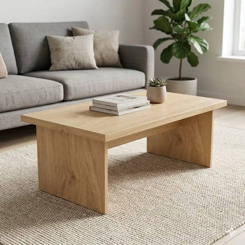 Coffee table, light wood tone MDF with rectangular top and squared legs, 105x55x38 cm