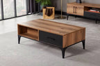 Rectangular coffee table with two open shelves, central drawer, light wood finish