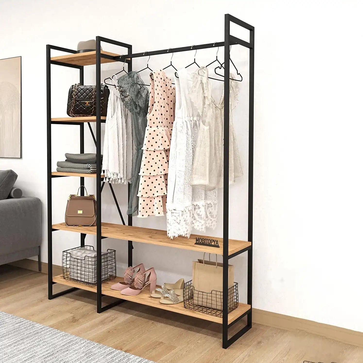 H13 Clothes Stand – Metal Frame, MDF Shelves, 120x40x180cm