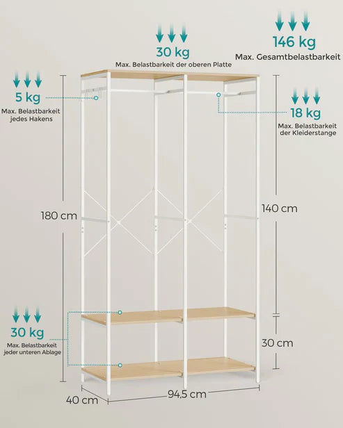H15 Clothes Stand – Metal Frame, MDF Shelves, 94.5x40x180cm