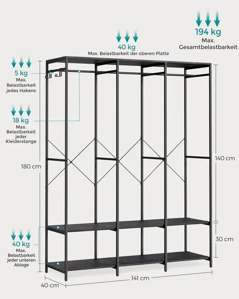 H14 Clothes Stand – Metal Frame, MDF Shelves, 141x40x180cm