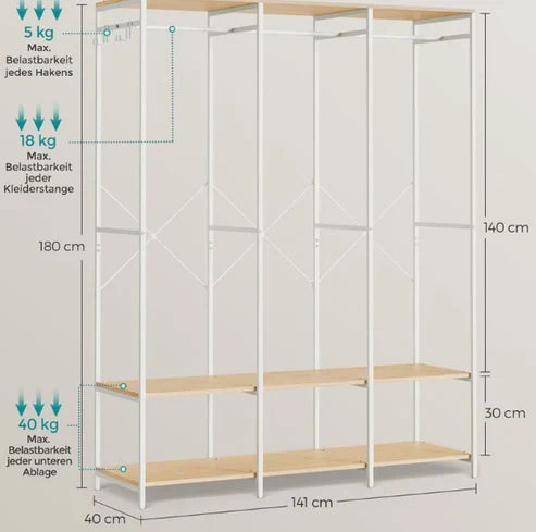 H14 Clothes Stand – Metal Frame, MDF Shelves, 141x40x180cm