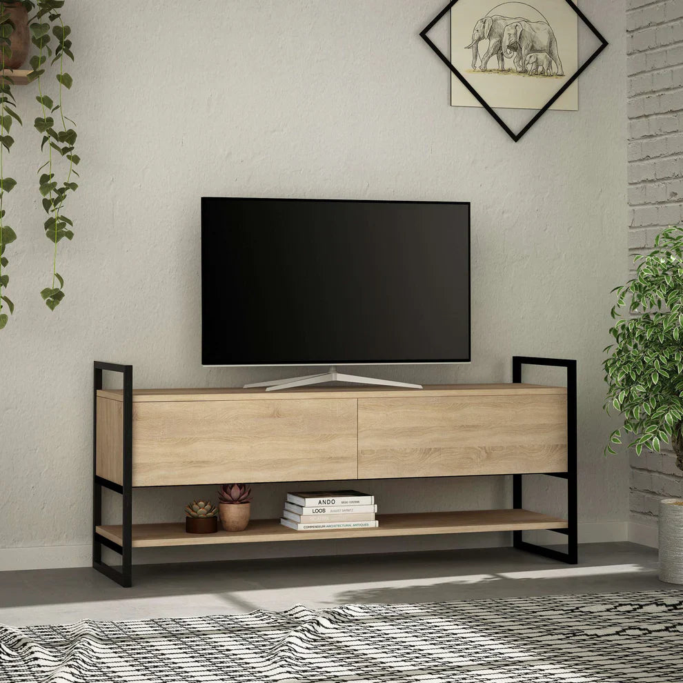 Wood-and-black metal TV table with two drawers and open storage shelves