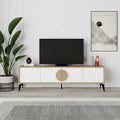 MDF TV table with open shelves and cabinet doors, light wood top, black legs, 180cm