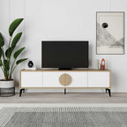 MDF TV table with open shelves and cabinet doors, light wood top, black legs, 180cm