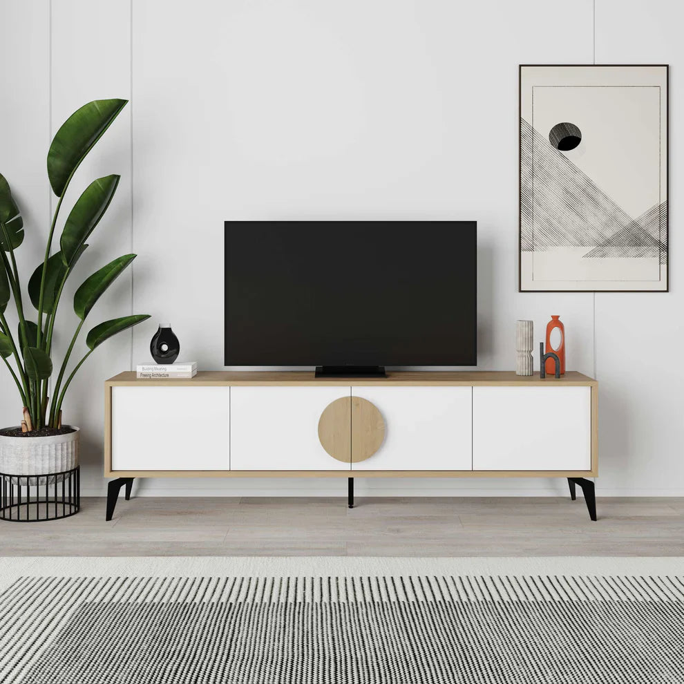 MDF TV table with open shelves and cabinet doors, light wood top, black legs, 180cm