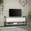 White MDF TV table with black metal frame, two doors, and lower open shelves.
