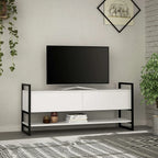 White MDF TV table with black metal frame, two doors, and lower open shelves.
