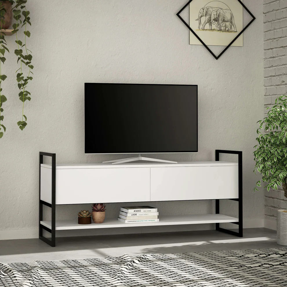White MDF TV table with black metal frame, two doors, and lower open shelves.