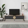 Light wood TV table with dark cabinet and round center door
