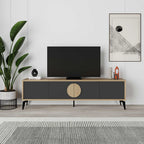 Light wood TV table with dark cabinet and round center door