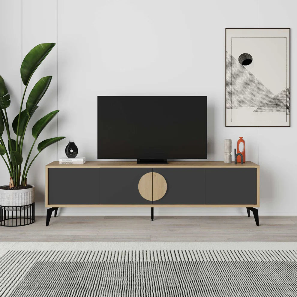 Light wood TV table with dark cabinet and round center door