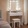 White MDF dressing table with lighted mirror, drawer cabinet, and upholstered stool