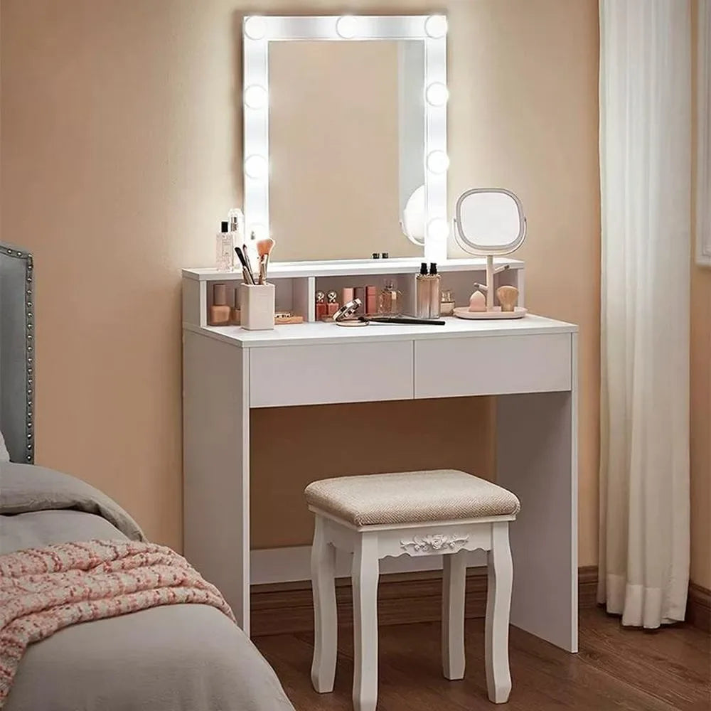 White MDF dressing table with lighted mirror, drawer cabinet, and upholstered stool