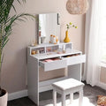 White MDF dressing table with wall mirror, drawers, and open storage shelves