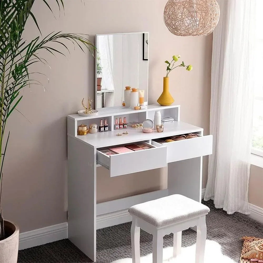 White MDF dressing table with wall mirror, drawers, and open storage shelves