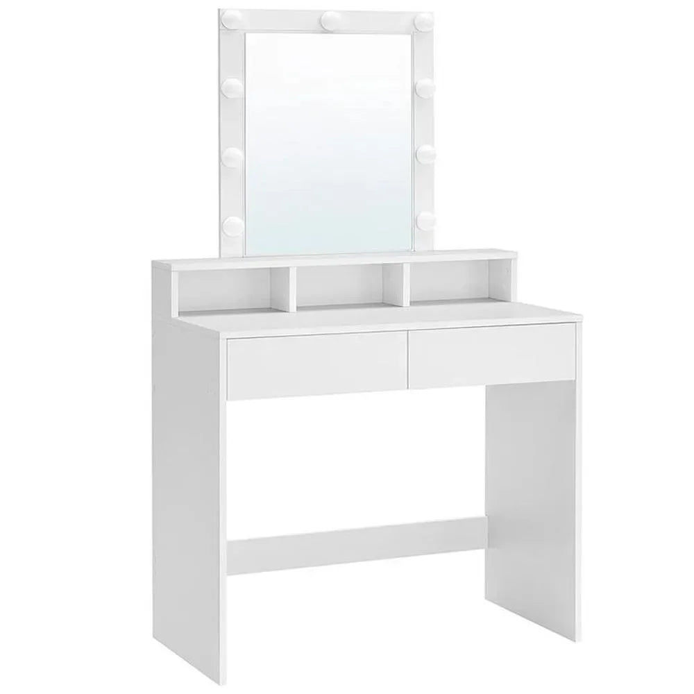 White MDF dressing table with rectangular mirror and two cabinet drawers