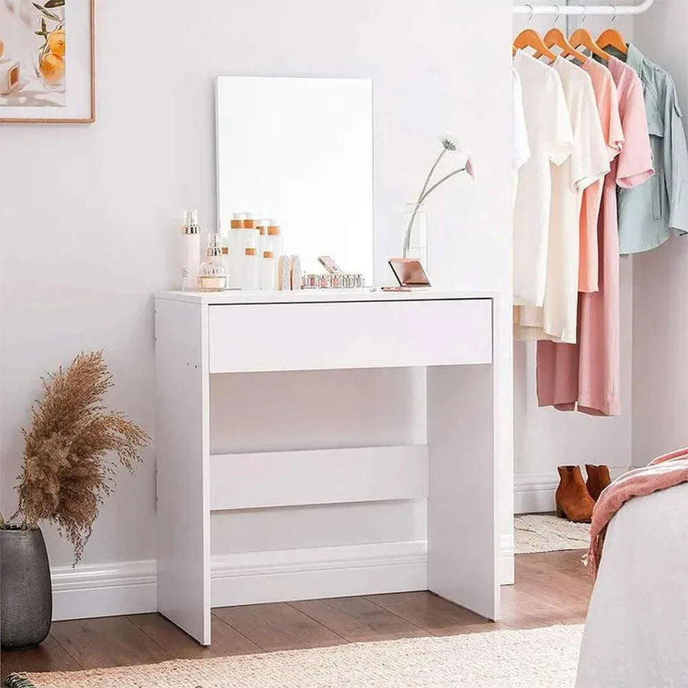 White MDF dressing table with drawer and open shelves