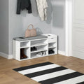 White MDF shoe rack with grey top, open cubbies and central divider for shoes