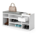 White shoe rack with grey top and side cubbies; pull-out shelf/compartment