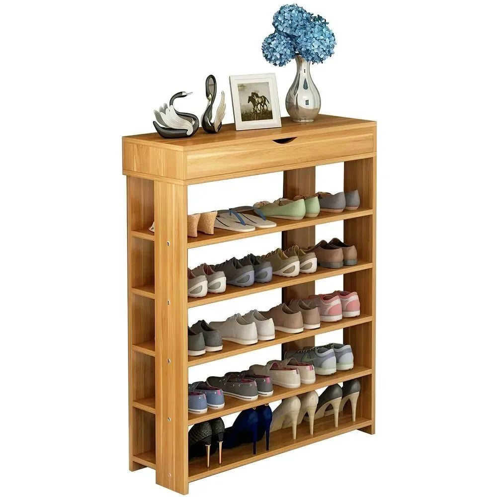 Freestanding shoe cabinet with open shelves and side panels, light wood, 80x30x110cm