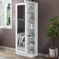White shoe cabinet with open shelves and central door, compartments for shoes and items