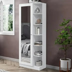 White shoe cabinet with open shelves and central door, compartments for shoes and items