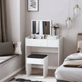 White MDF dressing table with mirror, two drawers, and matching cushioned stool