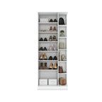 White MDF shoe cabinet, open front with 2-door base and multiple shoe cubbies