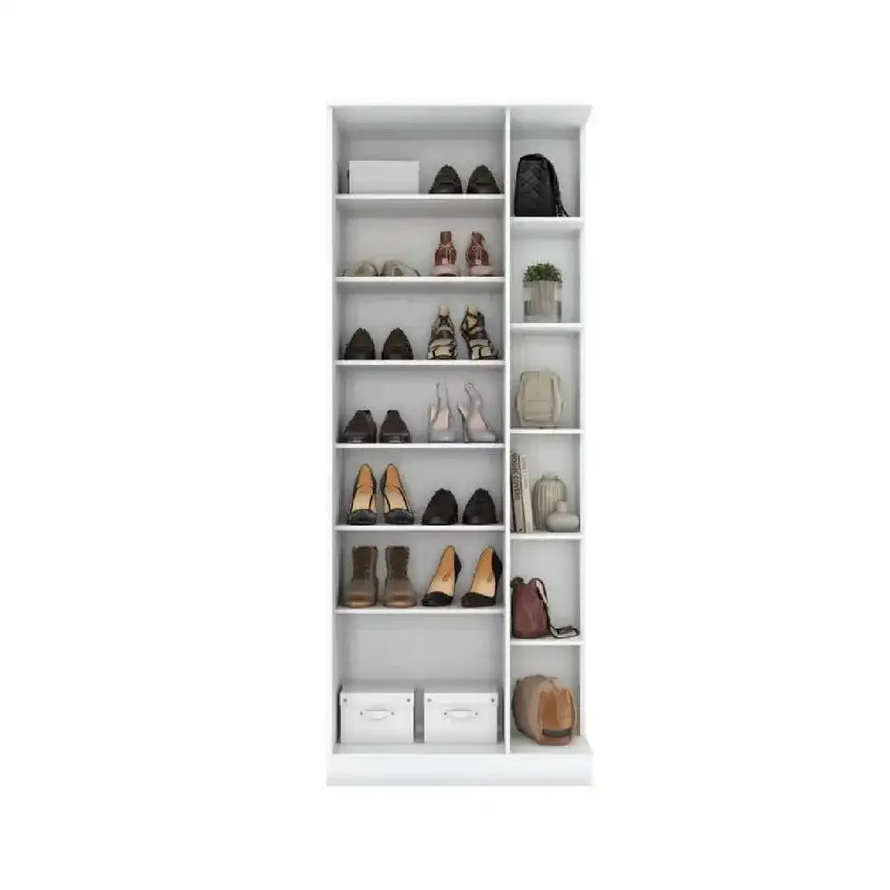 White MDF shoe cabinet, open front with 2-door base and multiple shoe cubbies
