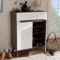 Wood-look MDF shoe cabinet with flip door, open shelves for shoes, 80x35x110cm