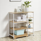 White bookcase with light oak shelves and open side compartments