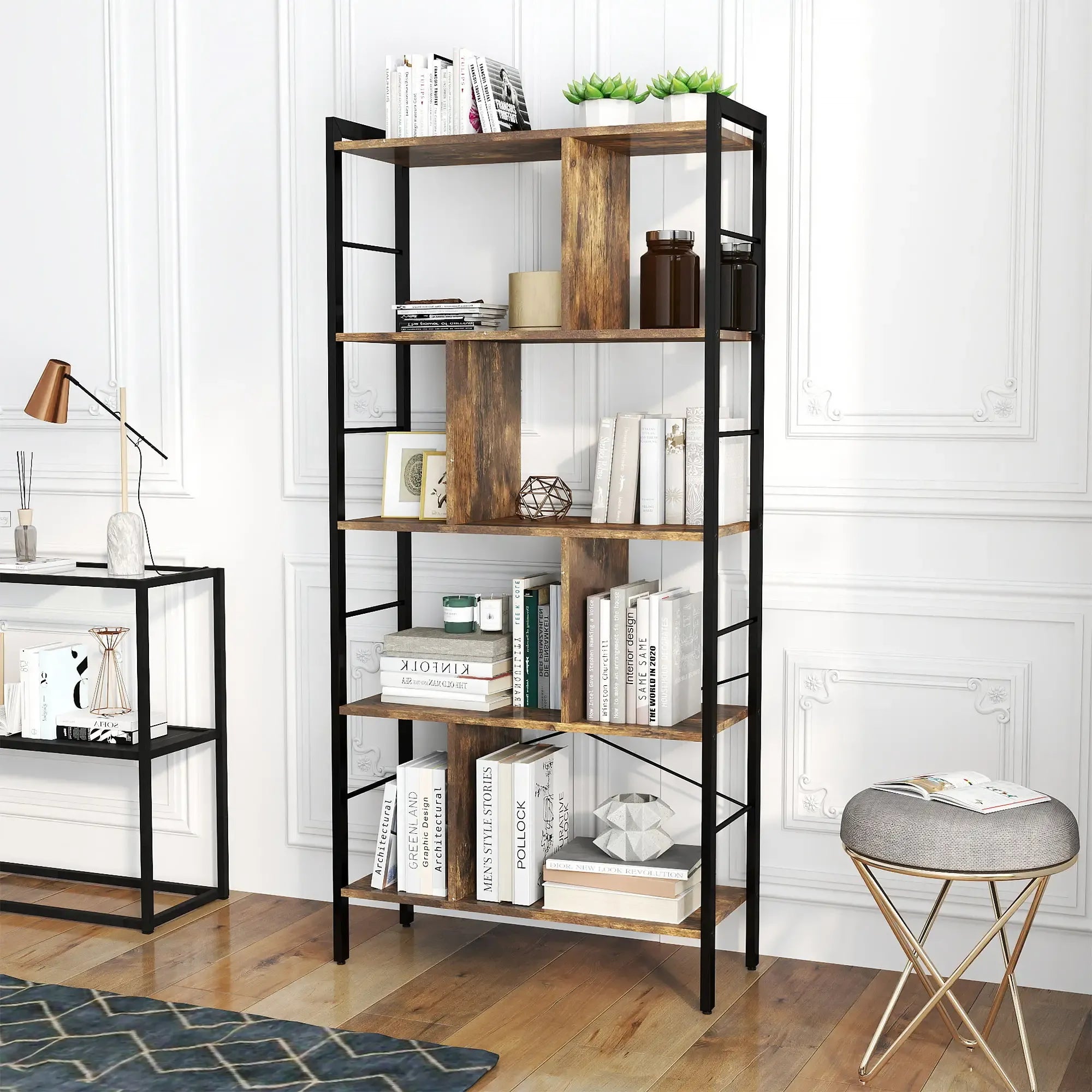 Dark metal and rustic wood MDF bookcase with open shelves and multiple levels