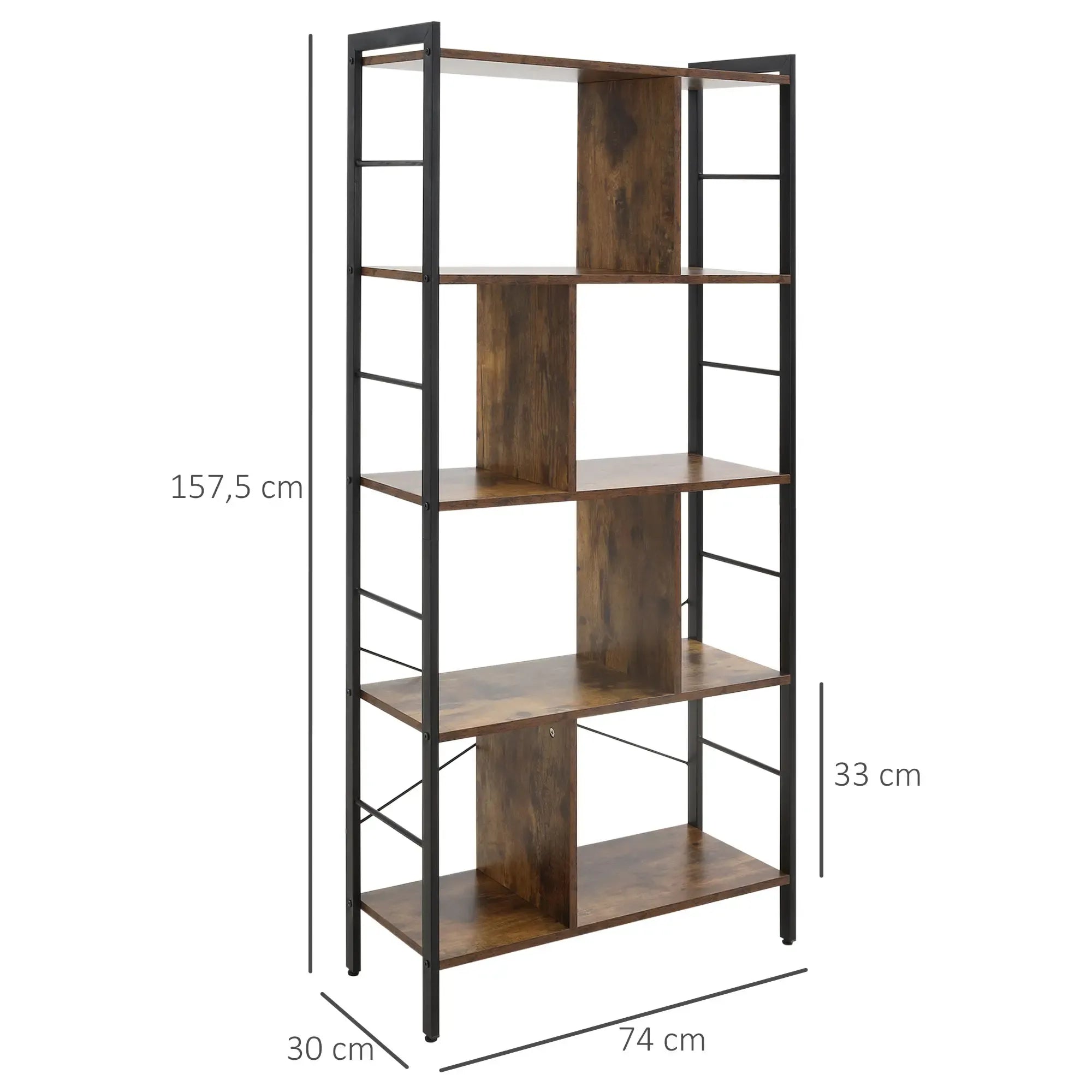Bookcase 74x30x157.5cm with dark metal frame and rustic MDF open shelves