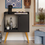 Black MDF coffee corner cabinet with closed door, counter cups, open side storage