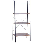Open bookcase with dark metal frame, light shelves, and X-pattern supports
