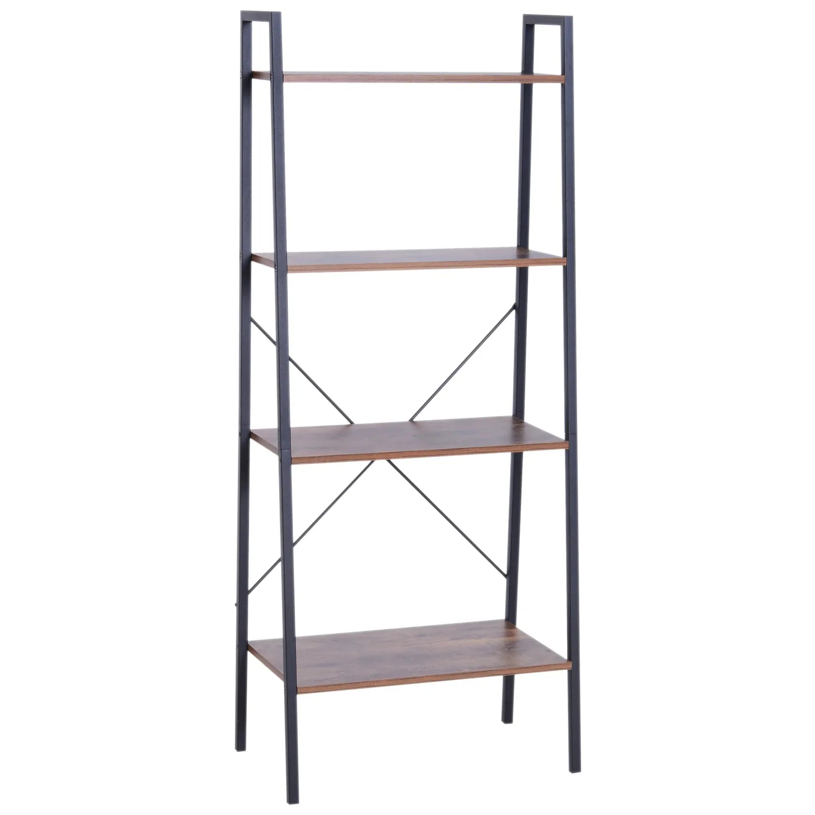 Open bookcase with dark metal frame, light shelves, and X-pattern supports