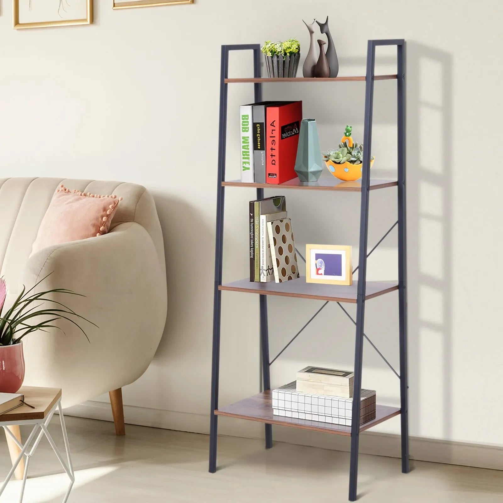 Open five-tier bookcase with dark metal frame and light MDF shelves