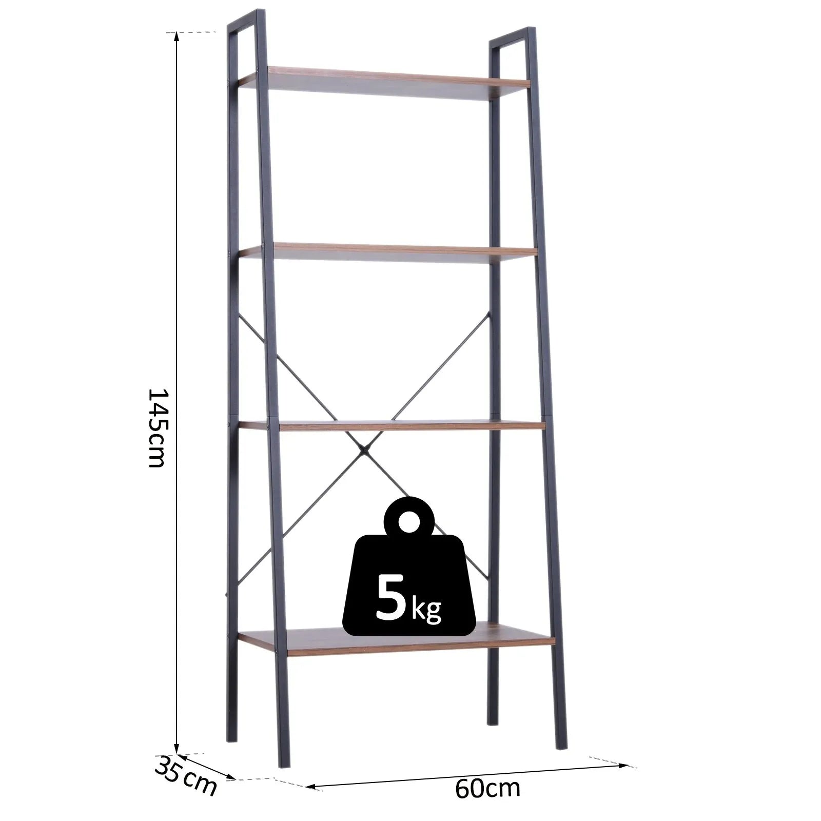 Bookcase dimensions 60x35x145cm with dark metal frame and light MDF shelves
