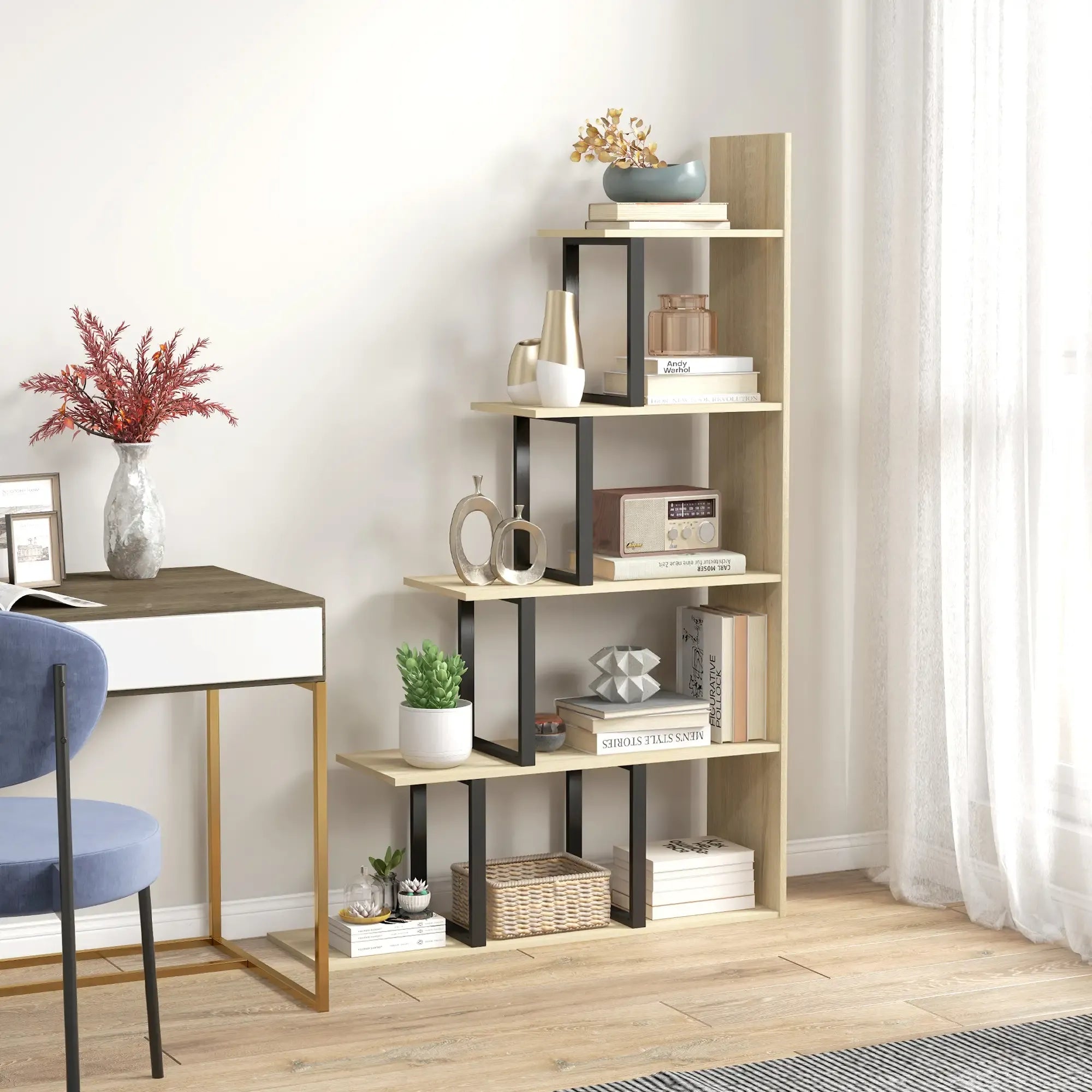 Light wood MDF bookcase with black supports and open shelves, 5-tier storage