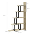 Bookcase 102x30x160 cm with light wood shelves and black supports, open cubbies