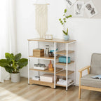 White metal bookcase, open shelves with light wood panels, 4 tiers