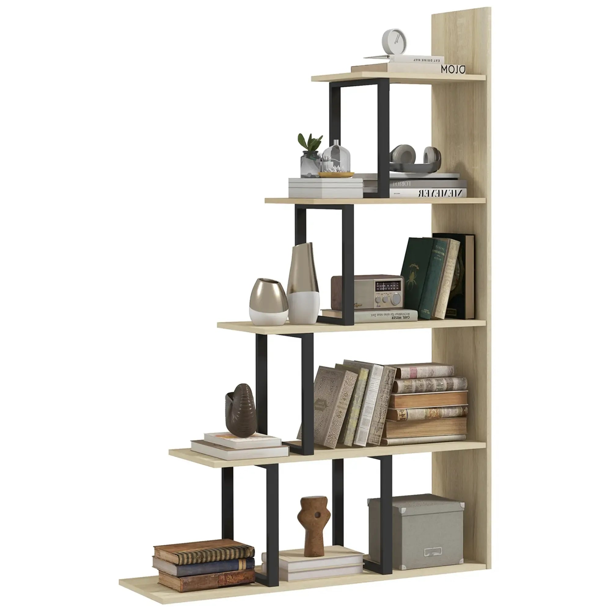 Freestanding light wood bookcase with black frame, multiple open cubby shelves
