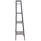 Tall ladder-style open bookcase with dark metal frame and light MDF shelves