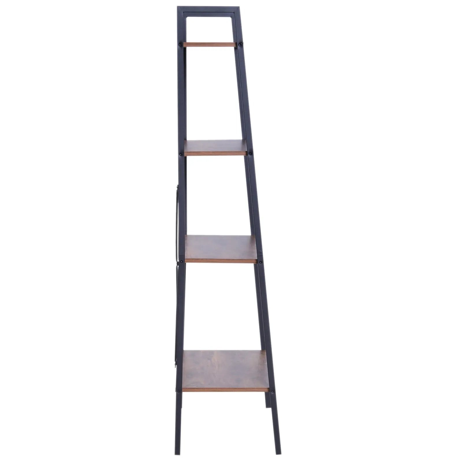 Tall ladder-style open bookcase with dark metal frame and light MDF shelves