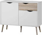 Front view: white cabinet with oak-tone drawer panel and curved handle cutouts
