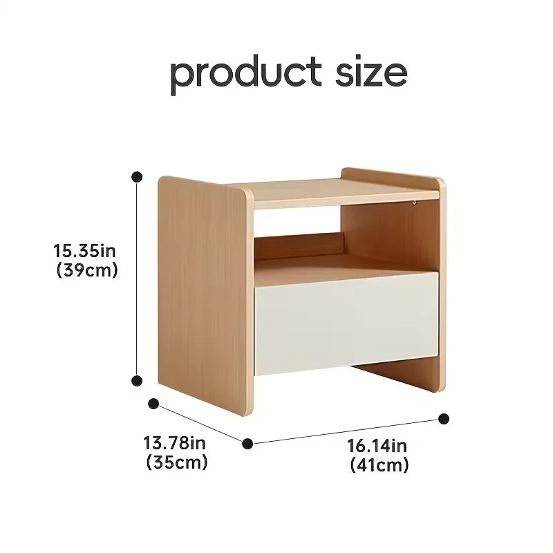 Wooden side table with dimensions labeled on a white background