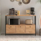 Front view coffee corner cabinet, metal legs, light wood panel doors and three drawers