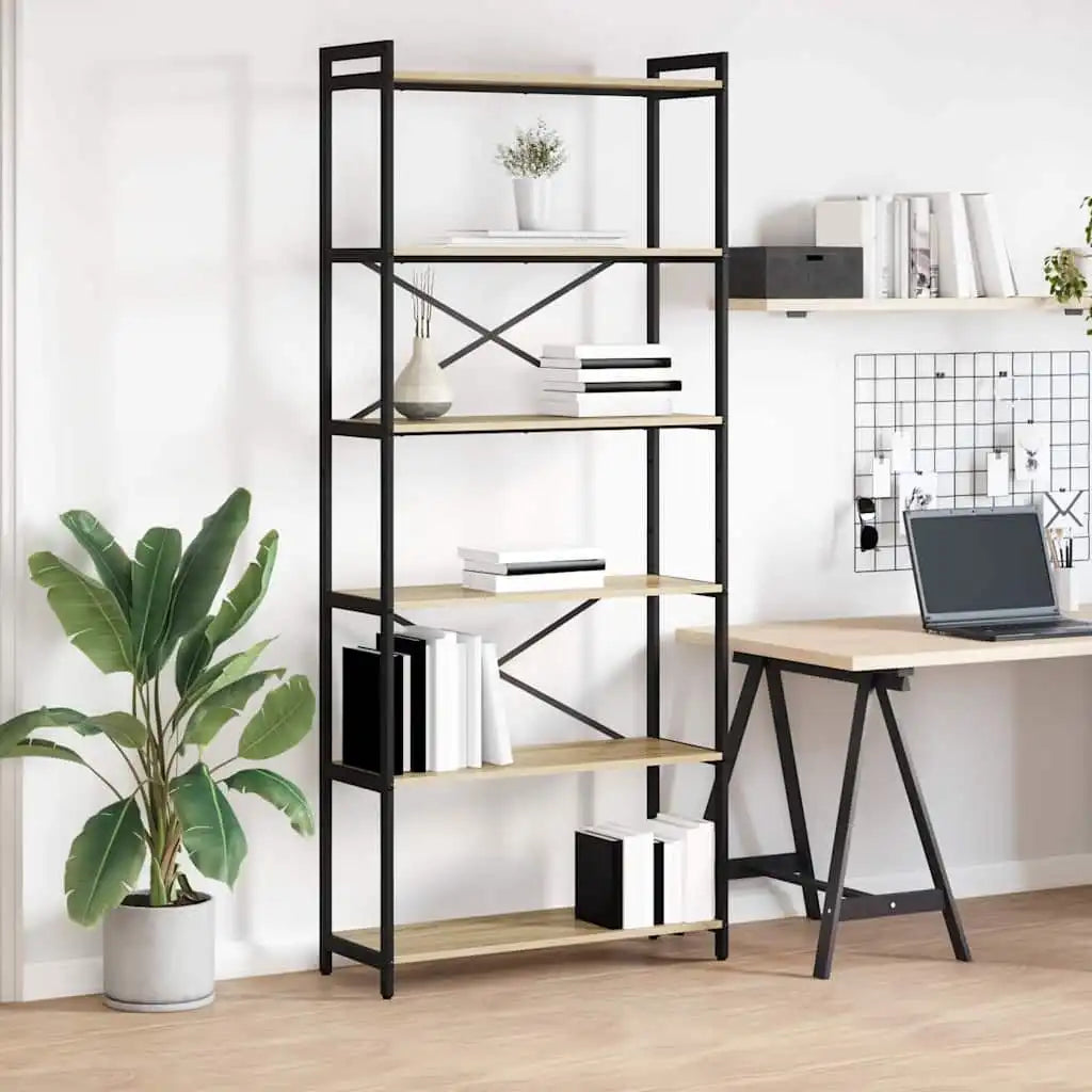 Tall metal bookcase with dark frame and light wood shelves, open X-style supports